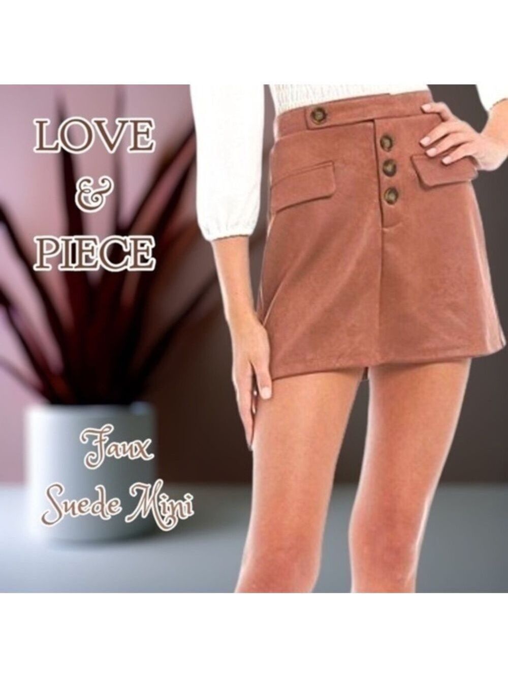 LOVE & PIECE Front Button Flap-Pocket Faux Suede MiniSkirt Tobacco/XL NWT
